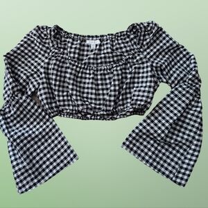 TOPSHOP Black White Gingham Plaid Print Flare Long Sleeve Crop Top US 6 Small